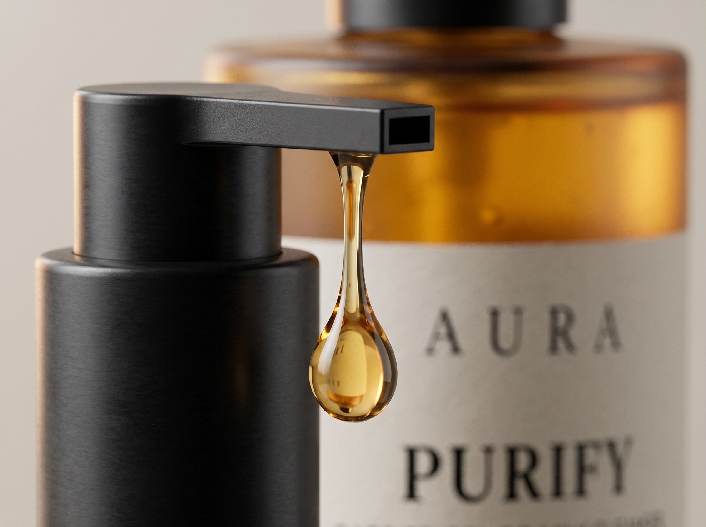 Suspended golden amber drop draws attention to the precision pump.
