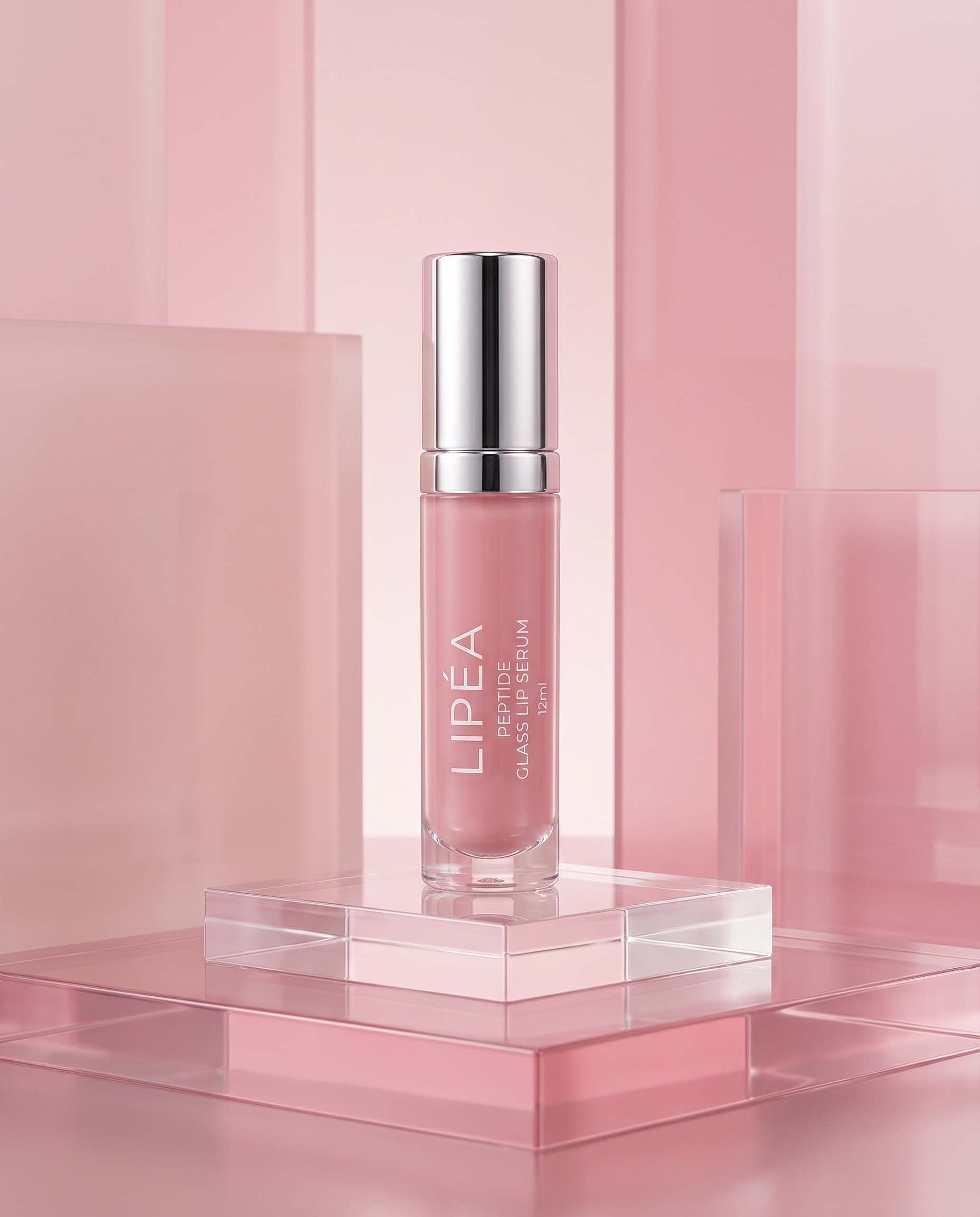 A single bottle anchors the pink architectural composition.