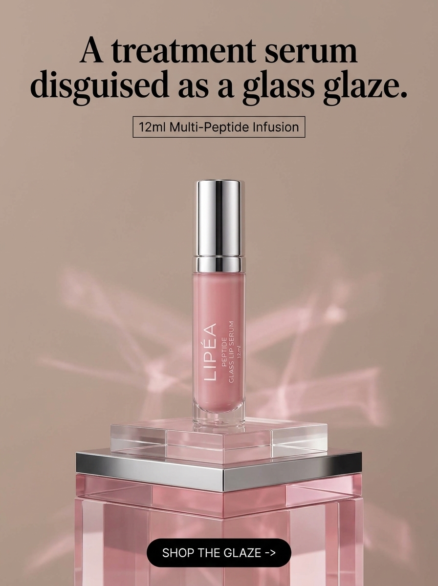 Sensory close-up of glossy lip cushion under warm vanity light.