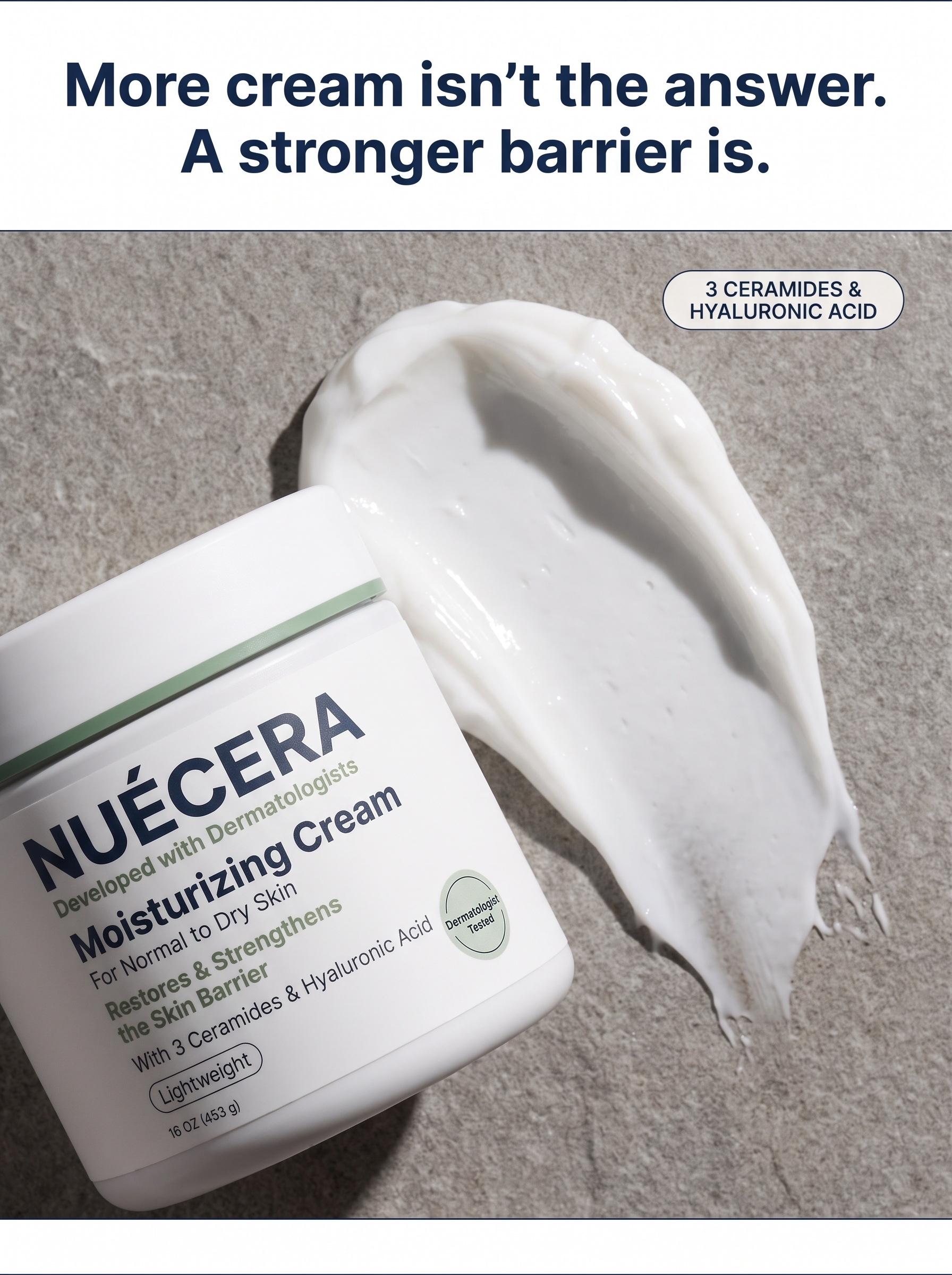 Travertine podium styling highlighting dermatologist authority.